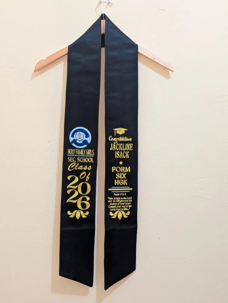 Printed graduation stoles and finishing details.