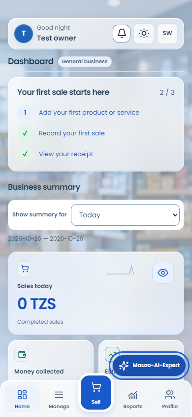 Mauzo-Ultra · sample dashboard on a phone