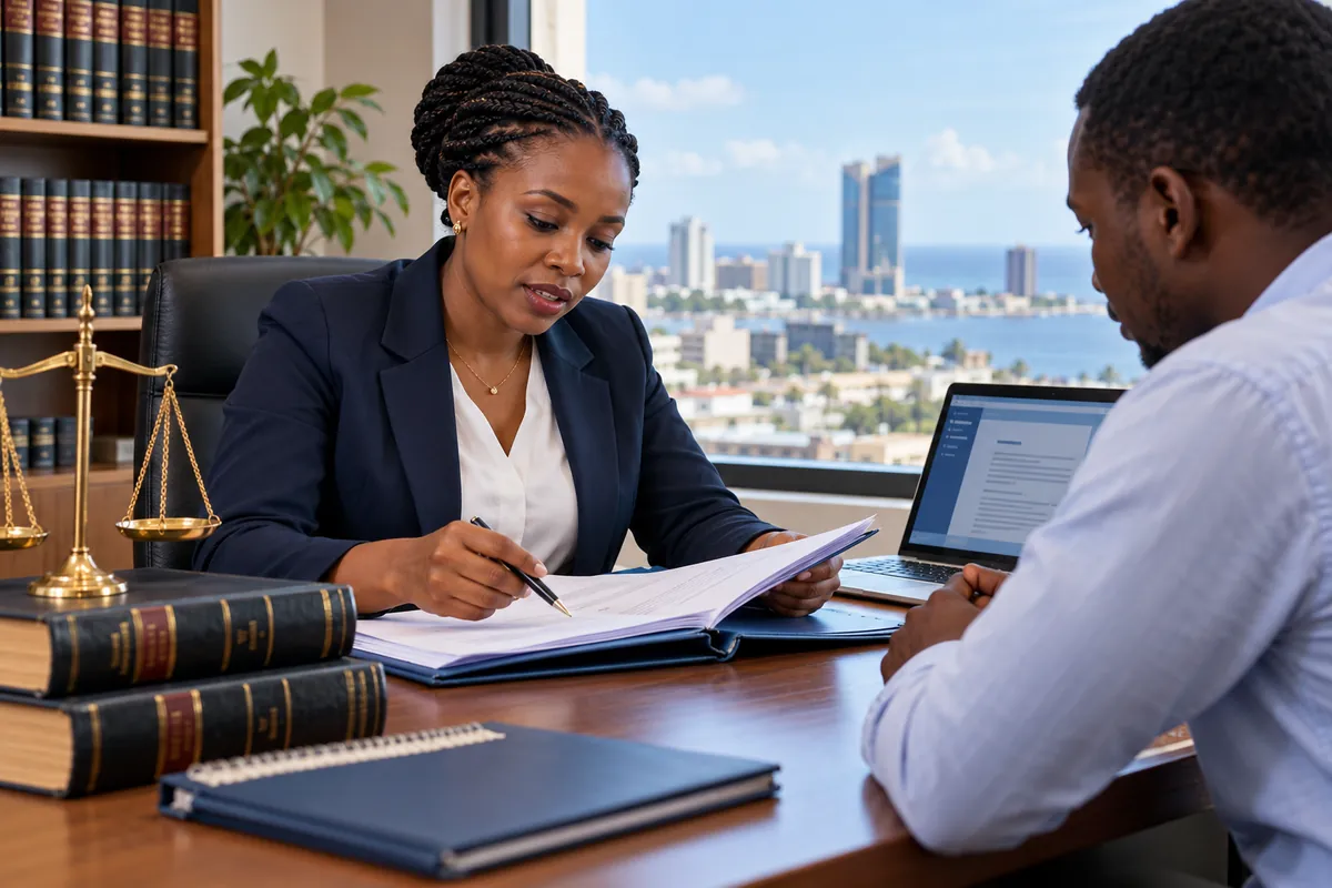 Illustration: A Tanzanian lawyer in business attire reviewing a case file with a client, legal books and scales of justice on the desk, laptop with document interface.