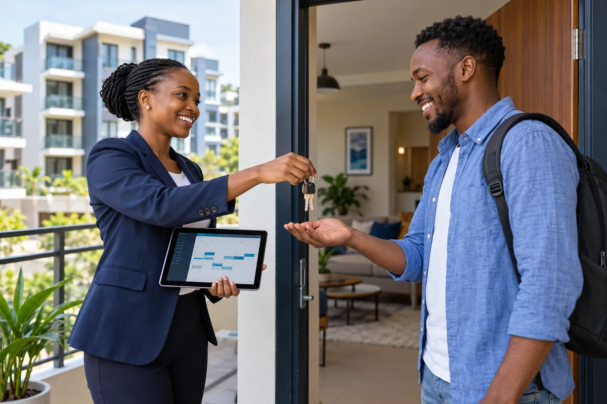 Illustration: A property manager handing apartment keys to a tenant in the doorway of a modern apartment, tablet showing a rental calendar, apartment buildings visible beyond.