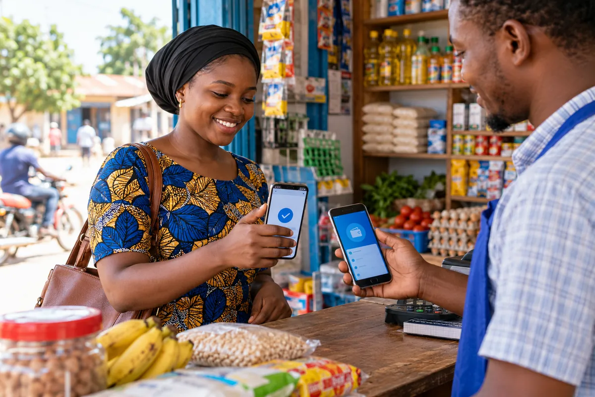 Illustration: A customer making a mobile money payment at a Tanzanian shop counter, two smartphones showing simple payment confirmation and wallet interface, cashier and everyday goods.