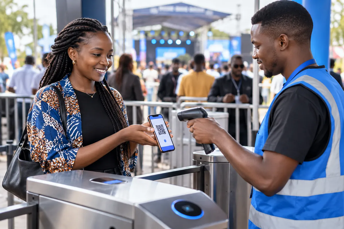 Illustration: An event attendee holding a phone ticket while an usher scans its QR-style square at an entrance, ticket gate and softly blurred audience, clear phone scanning action.