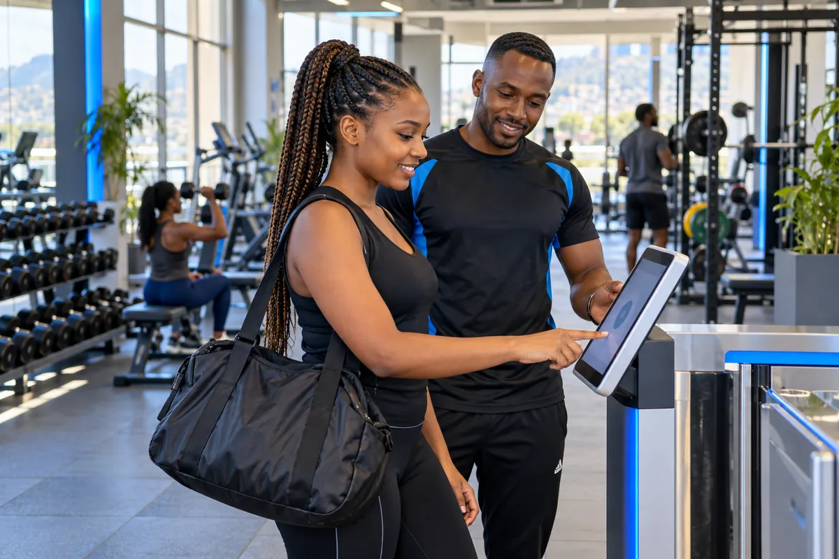 Illustration: A gym member checking in on a tablet kiosk beside a trainer, dumbbells and modern fitness equipment in background, bright attractive gym.