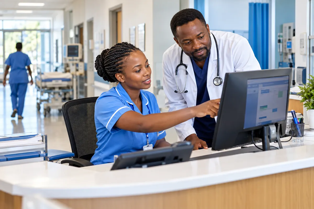 Illustration: A nurse at a hospital reception workstation reviewing a patient appointment with a doctor, hospital corridor and medical equipment behind, calm clean clinical setting, no exposed patient records.