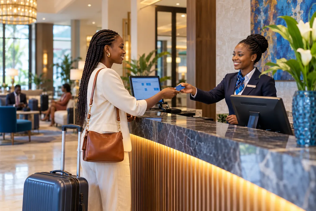Illustration: A hotel receptionist handing a key card to a guest across an elegant hotel reception counter, booking calendar on monitor, luggage and inviting lobby.