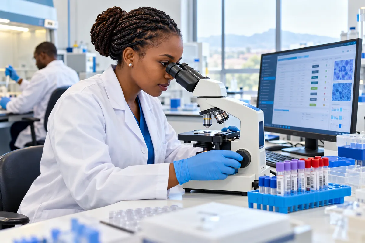 Illustration: A laboratory scientist wearing lab coat and gloves using a microscope beside a workstation with sample tracking interface, labeled sample tubes in rack, clean lab.
