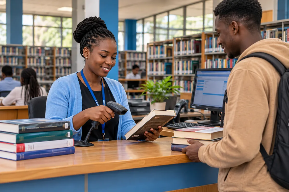 Illustration: A librarian scanning a book at a library circulation desk, bookshelves filled with books and checkout computer, student waiting with books.