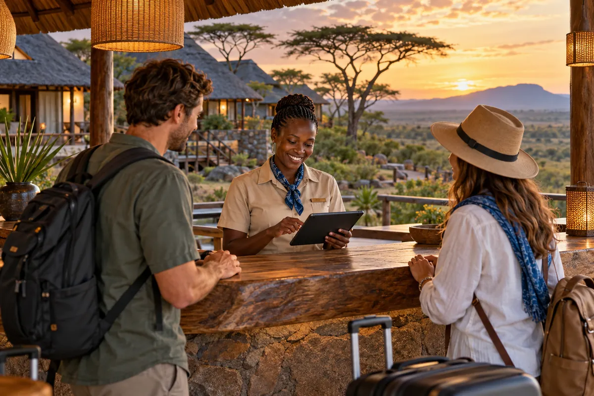 Illustration: A lodge manager at an open-air reception desk with reservation tablet, beautiful safari lodge cottages and acacia trees beyond, travel luggage and warm evening light.