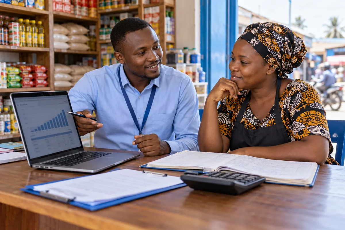 Illustration: A Tanzanian microfinance loan officer explaining a small-business loan to a shop owner across a desk, laptop repayment chart, calculator and business ledger.