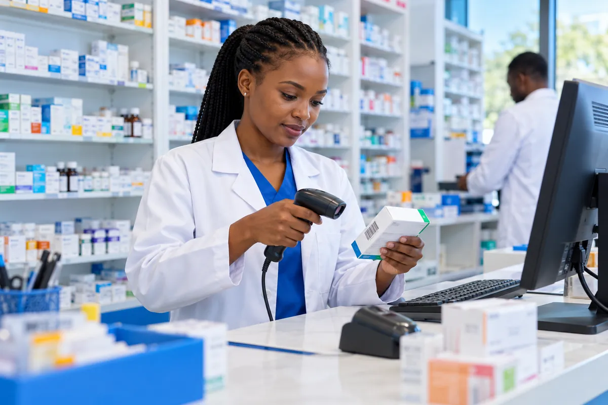 Illustration: A pharmacist in a white coat checking boxed medicine with a barcode scanner at a pharmacy counter, orderly medicine shelves and inventory computer.