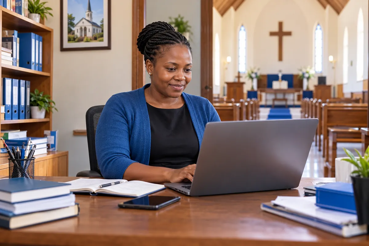 Illustration: A community faith administrator organising events and member records on a laptop in a church office; a modest church hall with pews visible beyond.