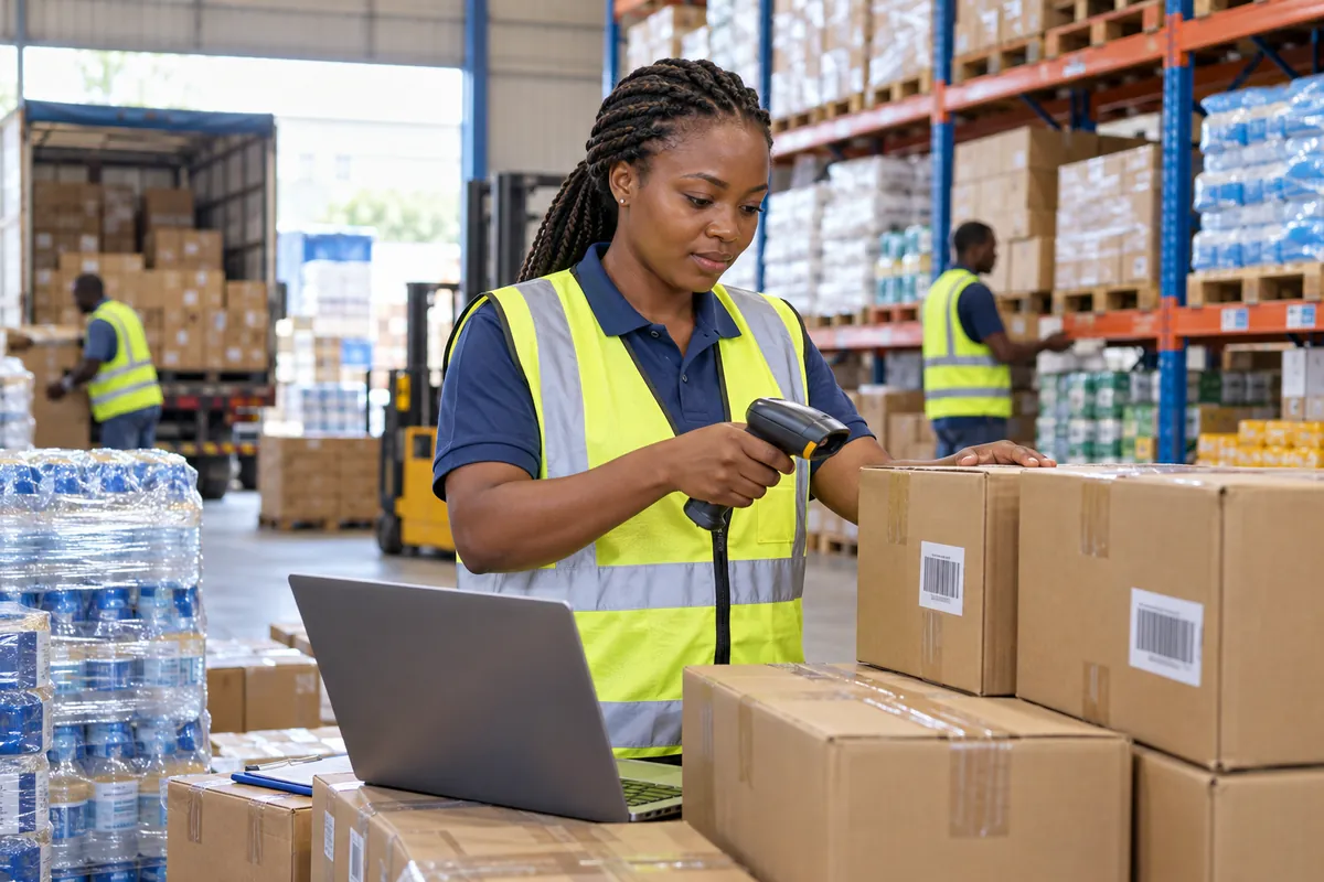 Illustration: A warehouse wholesaler checking cartons with a handheld inventory scanner beside a laptop, stocked shelves and packaged goods ready for distribution.