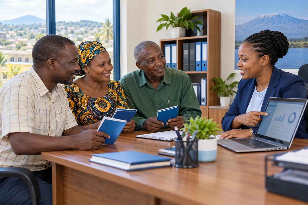 Illustration: Three Tanzanian cooperative members meeting a SACCO loan and savings officer at a neat desk, savings passbooks and laptop financial ledger, cooperative office.