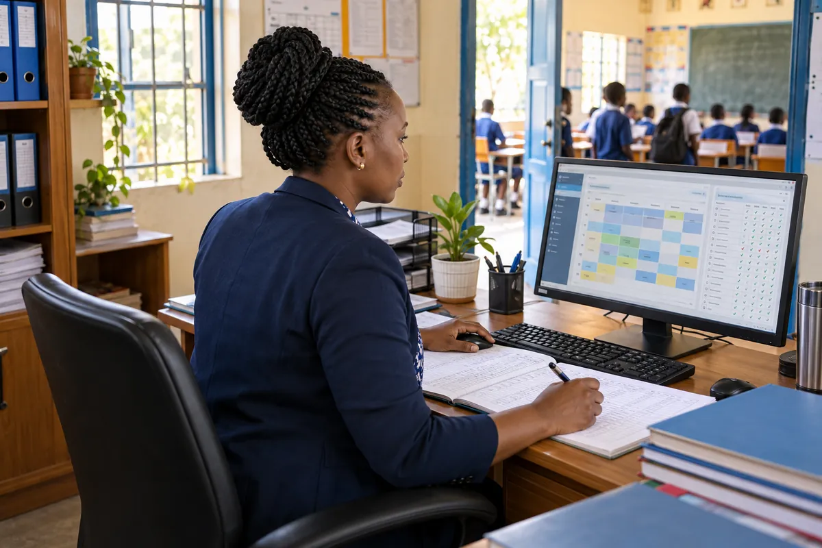 Illustration: A school administrator at a computer checking a class timetable and attendance grid, classroom with uniformed students softly visible through the open doorway, school register and books.