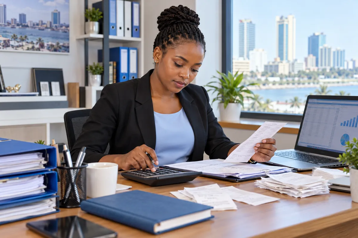 Illustration: An accountant and small-business owner reviewing tax paperwork at a desk, calculator, neat receipts, laptop spreadsheet and folders; realistic Tanzania professional office.