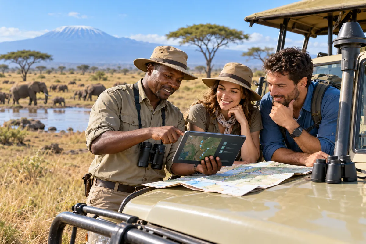 Illustration: A Tanzanian safari guide beside a safari vehicle planning a route with tourists on a tablet and folded map, savannah and distant wildlife in background, bright travel photography.