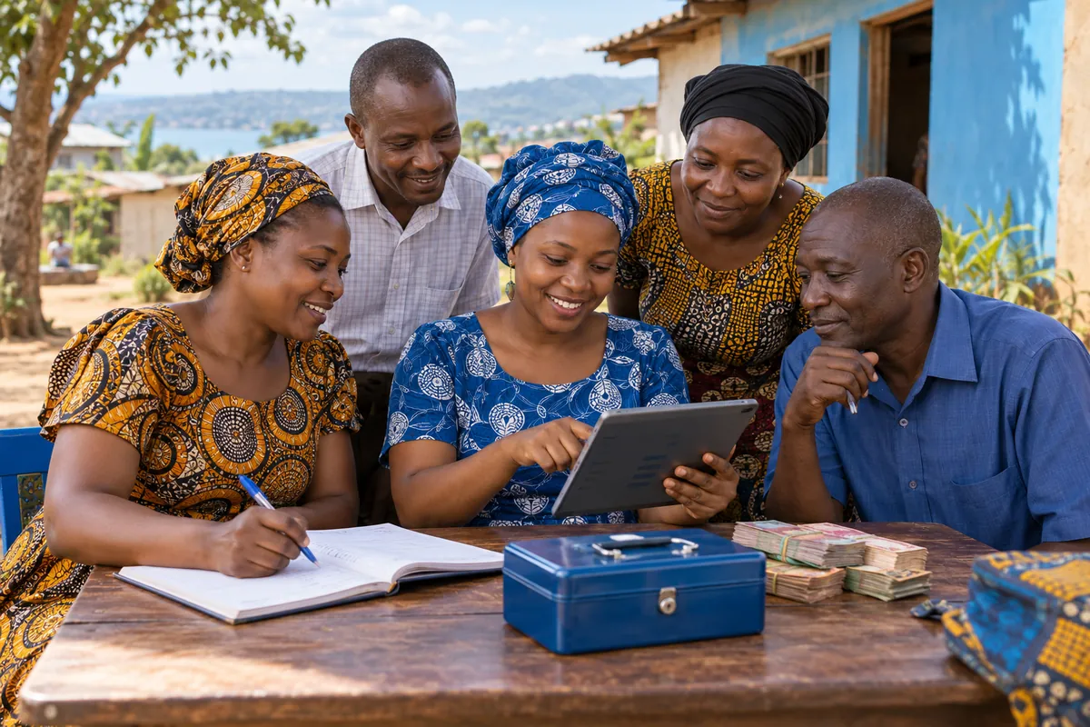 Illustration: A small Tanzanian community savings group of five adults around a table reviewing contributions on a tablet, ledger and small cash box, collaborative neighborhood setting.