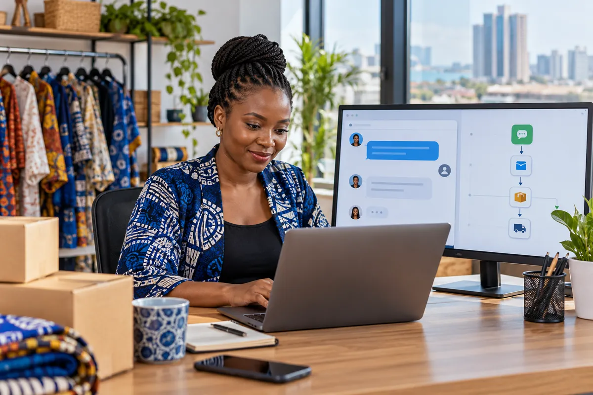 Illustration: A business owner using a laptop customer-support chat assistant connected to a simple automated workflow on a monitor, realistic human-scale AI productivity scene, no robots or holograms.
