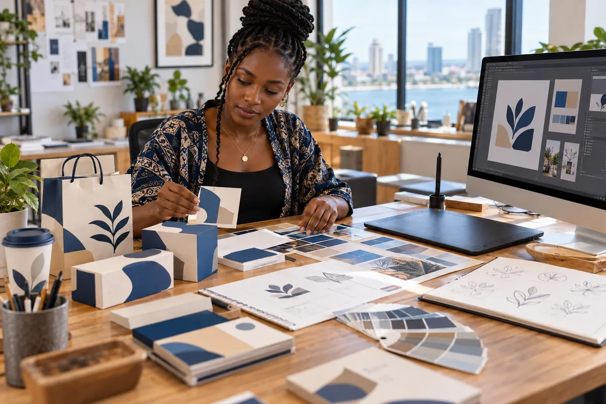 Illustration: A graphic designer arranging a coherent brand identity: business cards, packaging, color swatches and a logo sketch beside a pen tablet and desktop design software; rich tactile print materials.