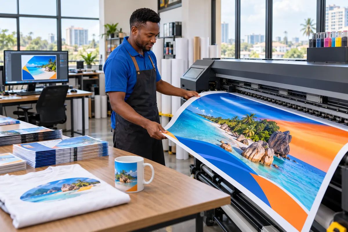 Illustration: A professional print operator beside a large format printer actively printing a vivid blue and orange banner; neat finished brochures, branded T-shirt and printed mug on nearby worktable.