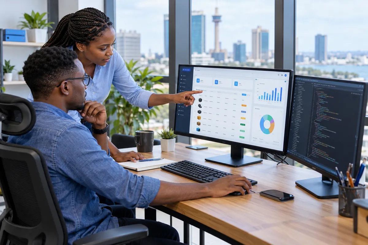 Illustration: Two software engineers collaborating on a business management application, monitor showing structured inventory dashboard and a second screen of code, real office development workflow.