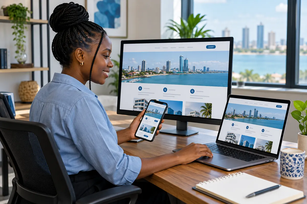 Illustration: A web designer at a desk with large monitor, laptop and smartphone all showing matching attractive business website layouts at different screen sizes, clear responsive web design workflow.